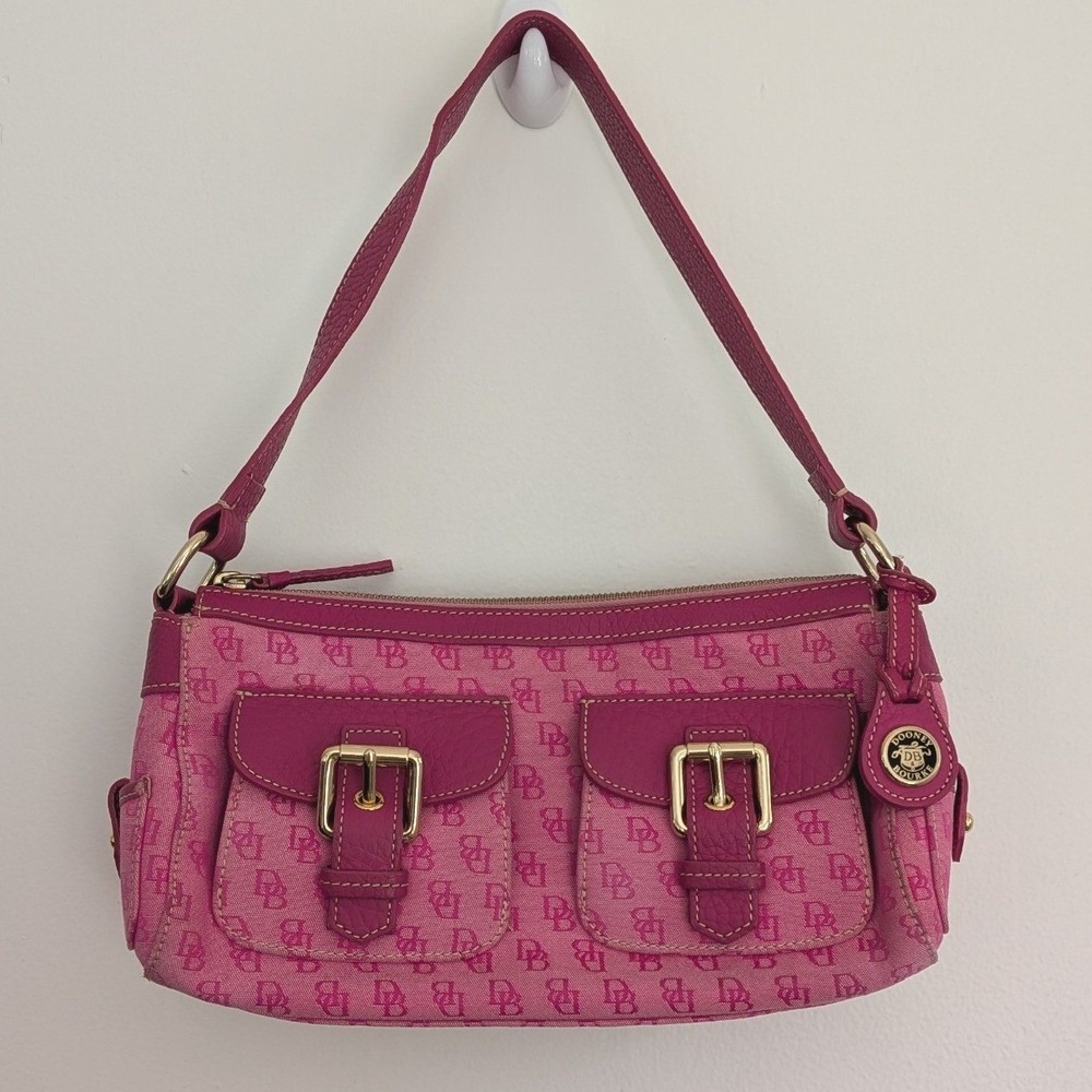 Vintage Dooney & Bourke Pink Y2K DB Monogram Canvas Leather Buckle Shoulder Bag